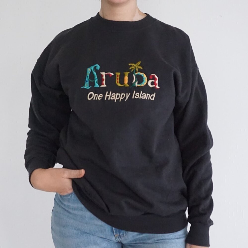 Hanes Aruba Island Black Embroidered Crewneck Sweatshirt 90s Vacationcore L